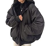 Onsoyours Winterjacke Damen Wintermantel Auf Beiden Seiten Parka mit Fell Kapuze Fleece Warm Gefütterter Doppelseitige Winter Jacke Mantel Outdoorjacke A Schwarz S