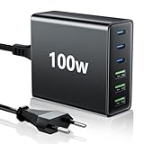 HSSNS USB C Ladegerät Mehrfach: 100W 6-Port Schnellladegerät mit USB-C und USB-A, Tragbarer netzteil für ipad, iPhone Series und andere Smartphones