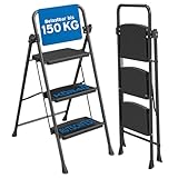 kör4u Trittleiter 3 Stufen – bis 150 kg belastbar, klappbar & platzsparend, stabile Haushaltsleiter, rutschfeste Stufen, Stahlrahmen, schwarz