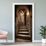 Treppe 3D-Türaufkleber, Steinstufen Türposter Selbstklebend, Alter Bogen Tunnel Vinyl Abnehmbar Türfolie Türtapete, für Schlafzimmer Badezimmer Deko, 88x200 cm E0a193