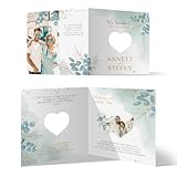 Personalisierte Hochzeit Foto Einladungskarten - Eukalyptus - Klappkarte mit Herz Ausschnitt, dickes 300g/qm Papier, hochwertiger Druck, 148x148mm, passende Umschläge optional, ab 10-100 Stück