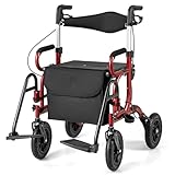 RELAX4LIFE Rollator Faltbar und Leicht mit Sitz, Aluminium Rollstuhl Reiserollator,Gehwagen 6-fach Höhenverstellbar,Laufhilfe mit Stockhalter Tasche,Gehhilfe mit 23cm Reifen für All Gelände (Rot)