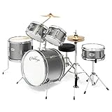 Ashthorpe 5-teiliges komplettes Kinder-Schlagzeug-Set mit echten Messing-Becken – für fortgeschrittene Anfänger mit 40,6 cm Bass, verstellbaren Thron, Becken, Hi-Hats, Pedalen & Drumsticks – Silber