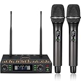 Mikrofon Kabellos, PRO-UHF Professionelles Funkmikrofon Set mit Feedback-Unterdrückung, Auto-Scan&Pairing, Hall- 80m Reichweite, 2x100 Einstellbare Wireless Microphone für Karaoke/Kirche/Hochzeiten/DJ