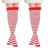 Ouligay 2 Paar Gestreifte Overknee Strümpfe Gestreift Kniestrümpfe Damen Streifen Ringel Strümpfe Baumwolle Rot Weiss Oberschenkel Socken Christmas Thigh High Socks
