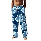 Leichte Herren-Sommerhose – Herren-Leinenhose, elastische Taille, Stretchhose, gerades Bein, kariert, Sommer-Leinenhose, Kokosnussbaum-Druck, Jogginghose, Taschen