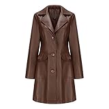 TOKYMOON Lederjacke Damen Lang Elegant Trenchcoat Damen Ledermantel Reverskragen Knöpfen Einfarbige Kunstleder Übergangsjacke Langarm PU Leder Jacke Windjacke Lederjacke Kaffee L