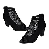 Healeved High Heel Sandaletten Damen mit Grobem Absatz Luftiges Netz design Offener Zehenbereich Bequem und Modisch für Kleider und Freizeit Schwarz