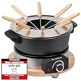 KLAMER elektrisches Fondue Set für bis zu 8 Personen, inkl. 8x Fonduegabeln, stufenlose Einstellung, mit Spritzschutz, Topf aus Aluguss, nachhaltige Gummibaumverkleidung