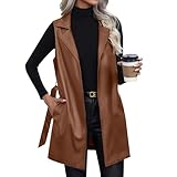 Lederjacke Damen Ärmellos Weste Damenjacken Leder Ledermantel Damen-Jacken Lederoptik Mantel Kunstlederjacke Mit Gürtel Lederweste Frauen Einfarbig Motorradweste Mit Revers Übergangsjacke Slim