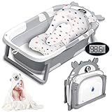 Vautvis Baby Badewanne, Baby Badewanne Faltbar Mit Thermometer und Badematte, Baby Bathtub, Babybadewanne Neugeborenes Bis Kleinkinder 0-36 Monate, Tragbare Reise Babywanne Faltbar