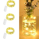 Gcstnn Micro LED Lichterkette, 3 Stück 20LED Drahtlichterkette mit CR2032 Batterie betrieb Auf 2M Silberdraht Wasserdichte für Party, Weihnachten, Halloween, Lichter Flasche Dekoration (Warm Weiß)