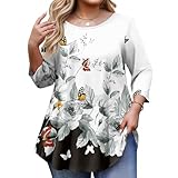 Generisch Tunika Damen Langarm Große Größen 3/4 Arm Blusen Tuniken Tops Für Frauen Blumen Longshirt Longbluse Elegant Lässig Black XXL