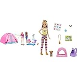 Barbie HGC18 - Barbie „Abenteuer zu zweit“ Camping-Spielset mit Zelt, 2 Barbie-Puppen & HDF70 - „Barbie im Doppelpack! Camping Spielset mit Stacie Puppe (ca. 23 cm) & Hündchen , Tierzelt, Tiertrage