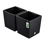 PAFEN 2X Blumentopf Blumenkübel Rattan-Optik 64 Liter - 39 x 41,5cm - Pflanzkübel mit Einsatz, Übertopf für Garten, Balkon & Innenbereich, wetterfest, Kunststoff, Anthrazit