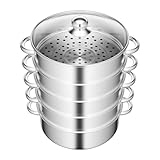 Mqwdxzfes 5-Etagen Edelstahl Dampfgarer, 304 Lebensmittel-Dämpftopf mit Glasdeckel, 28cm Schichten-Dämpfer Klappbarer Kochtopf Großvolumen Dämpfeinsatz für Induktionsherd Gasöfen Elektrothermische