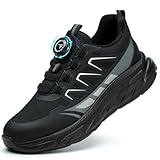 RASEARY Sicherheitsschuhe Arbeitsschuhe Herren Damen Bequem Stahlkappenschuhe Leicht Atmungsaktiv Industrielle Arbeitsschuhe mit Drehschnallen Schnürsenkeln,Schwarz EU 44