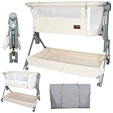 Twinly - Beistellbett 2-in-1, Babybett Faltbar und Höhenverstellbar COMFORTLY, 0-6 Monate, 5 Höhenstufen, Atmungsaktive Matratze, Netzseiten, 4 Rollen, Tragetasche, Einfach zu Transportieren (Beige)