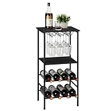smusei Weinregal Stehend, Flaschenregal mit Tischplatte und Weinglashalter, 4 Ebenen Weinschrank Weinständer Metall für 8 Flaschen Wein, Weinaufbewahrungsorganisator für Küche Weinkeller Bar - Schwarz