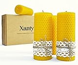 Xanty Bienenwachskerzen (13 cm x 5 cm), 4 Große goldene Kerzen aus 100% Bienenwachs, Wabenkerzen, Stumpenkerzen, 10 Stunden/Kerze Brenndauer, Gold-Gelb Adventskerzen