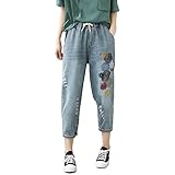 Frauen Casual Bequeme Literarische Stickerei Elastische Hohe Taille Schneiden Hosen Jeans Jeans High Waist Skinny Schwarz Slim Fit Jeans (Yellow, XXL)
