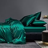 Boqingzhu Satin Bettwäsche 135x200cm Grün Dunkelgrün Uni Einfarbig Glatt Glänzend Luxus Seide Bettwäsche Set Bettbezug mit Reißverschluss und Kissenbezug 80x80cm