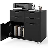 FANTASK Aktenschrank mit Rollen, Rollcontainer mit 4 Schubladen und 2 Türen, Druckerständer, Mobiler Aktenschrank für Dokumente in DIN A4-, Letter-Format, Legal-Format (Schwarz)
