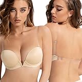 YANDW Damen Tief V Push Up BH Rückenfrei mit Rücken Transparent and Trägern Niedrigem Rücken Plunge Gepolsterter Bügel BHS 38C Nude