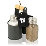 com-four® 3-teiliges Gewürzstreuer Set aus Glas - Salz und Pfeffer mit passender Halterung aus Metall (01 Stück - Mit Halterung)