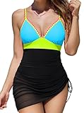 popvil Badekleid für Damen 2025, einteiliger Badeanzug für Damen, Bauchkontrolle, sexy Netzstoff, Raffhalter, Blau, Medium