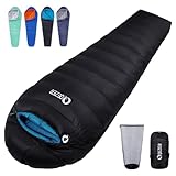 QEZER Daunenschlafsack Winter Schlafsack Outdoor 0°C bis -12°C Daunen Schlafsack[1590 g] 4 Jahreszeiten für Camping,Wandern und Trekking (Schwarz 0°C)（Rechter Reißverschluss）