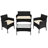 BB Sport 7-teilige Polyrattan Sitzgruppe für 4 Personen inkl. Sitzpolster und Tisch Balkonmöbel Set Sitzgarnitur, Farbe:Titan-Schwarz/Sandstrand
