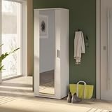 Forte NET106 weißer Schuhschrank 50, schmaler Flurschrank mit 6 Einlegeböden und Spiegelfront, Flur, Diele, Holzwerkstoff, Weiß, 50,2 cm breit x 179,1 cm hoch x 34,8 cm tief