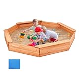VEVOR Holzsandkasten mit Abdeckung, achteckiger Sandkasten, Sandgrube mit 4 Sitzplätzen & Bodenauskleidung, Kindersandkasten für den Garten, Geschenk für Jungen & Mädchen im Alter von 3–12 Jahren