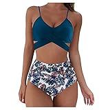 MIN YING 2-teiliger Damen-Badeanzug, sexy, Tankini Set, Bikini-Set, Träger, ärmellos, rückenfrei, Bikini, bedruckt, hohe Taille, Vintage, Triangel-Badeanzug, große Größe, 22-Blau, M