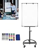YRHome Flipchart mit Rollen 60x90 cm Whiteboard auf Rollenfuß Mobil Flipchart höhenverstellbar Staffelei Magnetisch Beschreibbar Abwischbar Präsentationstafel Papierhalter (Rundfuß mit Rollen)