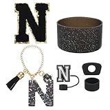 QUARKZMAN 6 Stück Becher Zubehör Set Für Cup Tumbler Mit Griff Inklusive Silikon Strohhalm Abdeckung Fuß Auslaufschutz Stopper Griff Charm Initialen Aufkleber (Buchstabe N Schwarz)