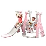 4 in 1 Kinderrutsche Set Kleinkinderrutsche Spielplatz Spielset Schaukel und Rutsche Set mit Basketballständer, Kletterleiter, Schaukelrutsche Gartenrutsche für Indoor- und Outdoor-Abenteuer (Rosa)
