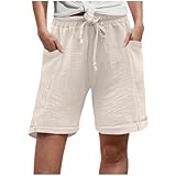 Pamqsen Shorts Damen Leinen Musselin Kurze Hose Beach Mit Taschen Mode Lässige Stoffhose Freizeit Stretch Gerades Bein Kordelzug Leinenhose Bermuda Sommer Kurze Hose Sport Shorts