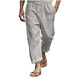 Leinenhose Herren 7/8 Sommerhose Herren Leichte Lange Freizeithose Strandhose Mit Kordelzug Und Taschen Sporthose Bequeme Stoffhose Weites Bein Hosen Einfarbig Joggenhose Baumwolle Palazzo Hose