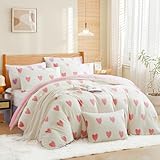 Nayoroom Winter Bettwäsche 155x220 Weiß mit Rosa Herzen Fleece Biber Bettwäsche Set 2 Teilig Weiß Cashmere Touch Warm Plüsch Bettbezug Flauschige Flanell Pink Wendebettwäsche und Kissenbezug 80x80