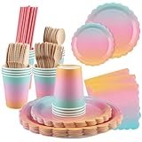 Zosenyer Bunt Partygeschirr, 160 Stück Pappteller Geburtstag Party Deko Set mit Teller Servietten Becher Strohhalme Holz Gabel Messer Löffel für 20 Gäste