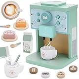 deAO Holzkaffeemaschine Kaffeemaschine Kinder Holz, Kaffeeset Spielküche Zubehör mit Tassen, Löffeln & Desserts, Kinderküche Rollenspiel ab 3 Jahren, Geschenk für Jungen & Mädchen