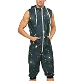 Generisch Schlafanzughose Herren Kurz Kurzarm, Kapuzenanzug mit, Heimkleidung, Pyjama, lässiger, bequemer Overall Jogginganzug Muster Herren (Black, M)