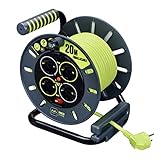 Masterplug Pro-XT 4-fach offene Spiralkabeltrommel mit Griff zum Aufwickeln, Thermoschnitt und Netzschalter, 20 Meter Kabel mit hoher Sichtbarkeit, Grün