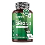Vegane Omega 3 Kapseln - 2000mg Algenöl liefern 600mg DHA & 300mg EPA pro Tag - 90 Softgels - Herz, Gehirn, Sehkraft & Blutdruck (EFSA) - Frei von Magnesiumstearat, Gelatine & Gluten - WeightWorld