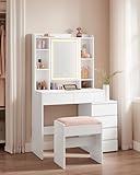 VASAGLE Schminktisch mit LED-Beleuchtung, Hocker, Frisiertisch mit Spiegel, Schubladen, offenen Fächern, verstellbaren Ablagen, einstellbare Helligkeit, modern, wolkenweiß RDT125W01