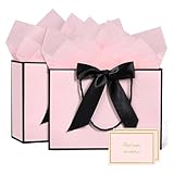 MtnLaur Geschenktüten 2 Stück, Geschenktüten mit Griffen Schleifenband, Mittlere Papier-Geschenktüte Set mit Seidenpapier+Grußkarte, für Mädchen Frauen Geburtstag Hochzeit Baby shower (Rosa)