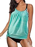Dokotoo Tankini Damen Bauchweg Bademode Set Zweiteiliger Badeanzug Push up Gepolstert Tankinis Oberteil mit Slip, himmelblau, L