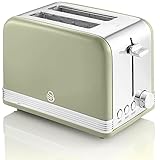 Swan Retro ST19010GNEU 2-Scheiben-Breitschlitz-Brottoaster, Vintage Design, 3 Funktionen: Auftauen/Aufwärmen/Abbrechen, 6 Toaststufenregler, Edelstahl, Grün, 815W